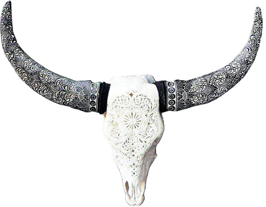 Hand-Carved Mandala Cow Skull - Wall Decoration