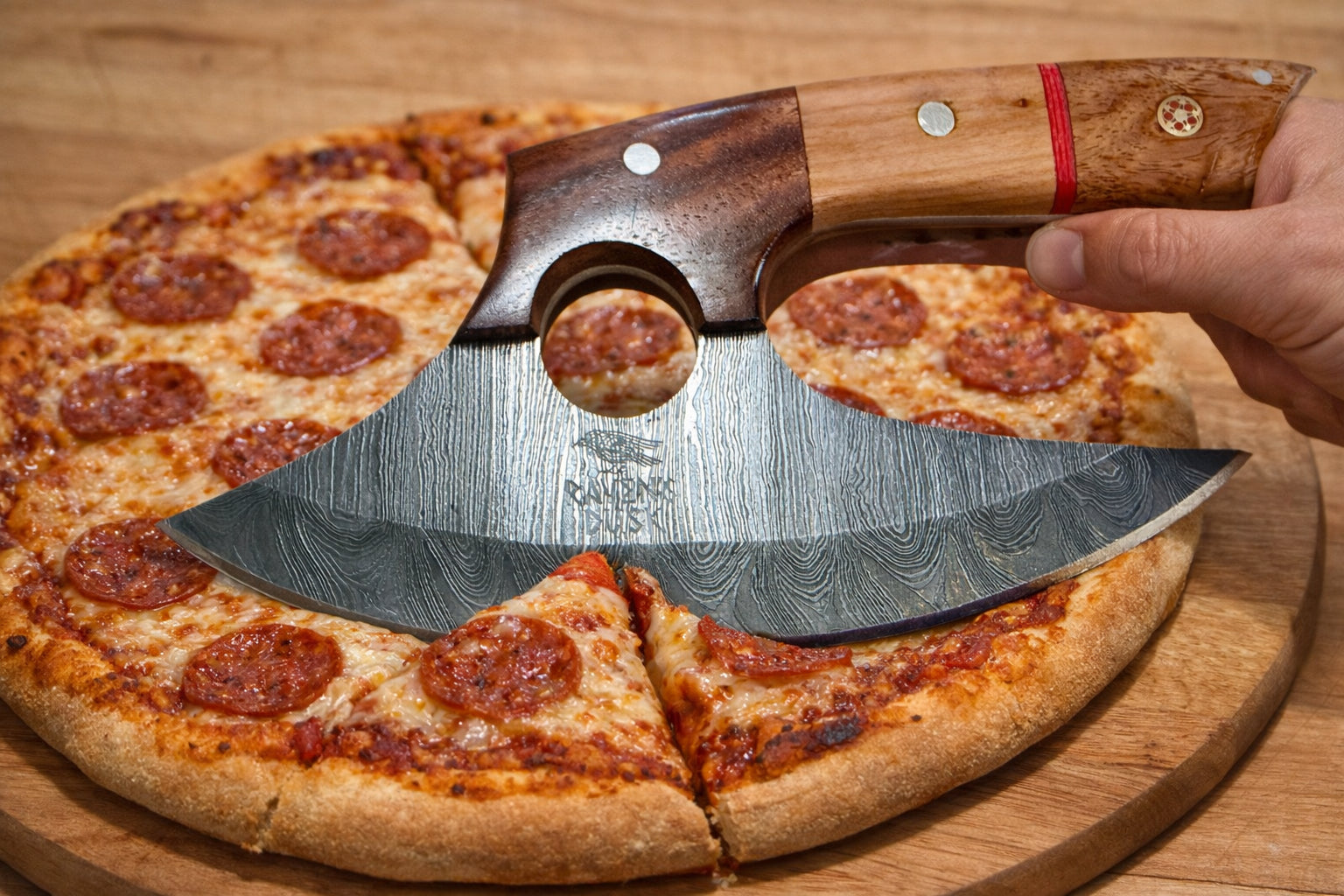 Handmade Damascus Pizza Cutter Axe - Ulu Knife Wood Handle.