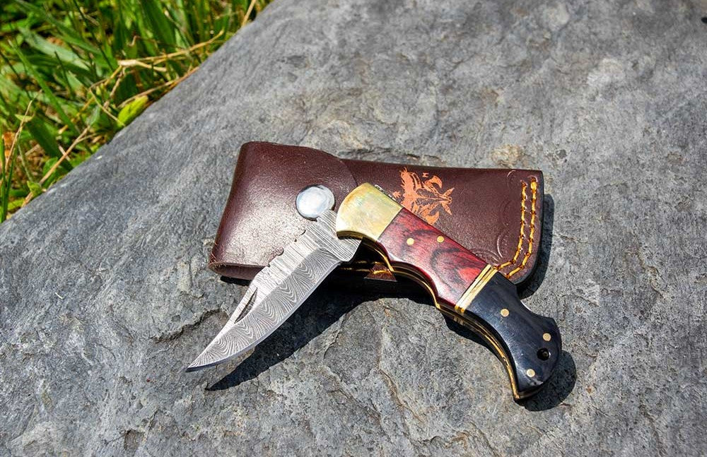 Damascus Steel Tactical Pocket Knife – 6.75" w/ Leather Sheath
