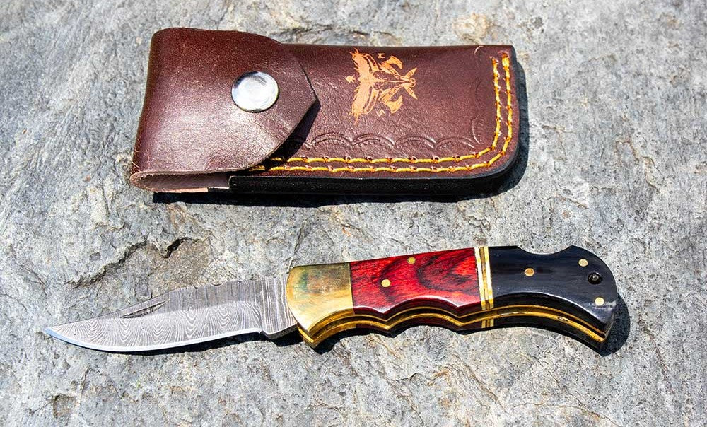 Damascus Steel Tactical Pocket Knife – 6.75" w/ Leather Sheath