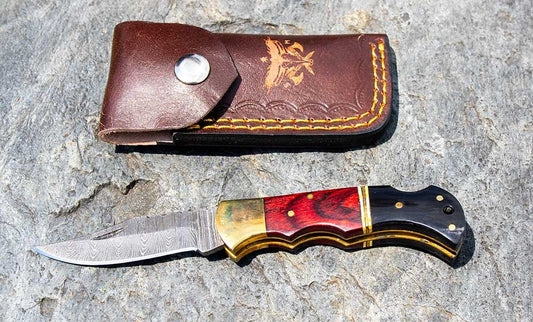 Damascus Steel Tactical Pocket Knife – 6.75" w/ Leather Sheath