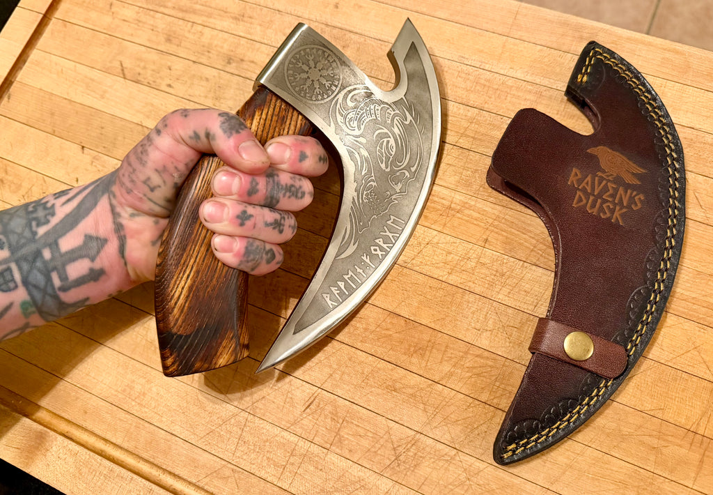 Handmade Viking Pizza Cutter Axe - Ulu Knife with Skull.