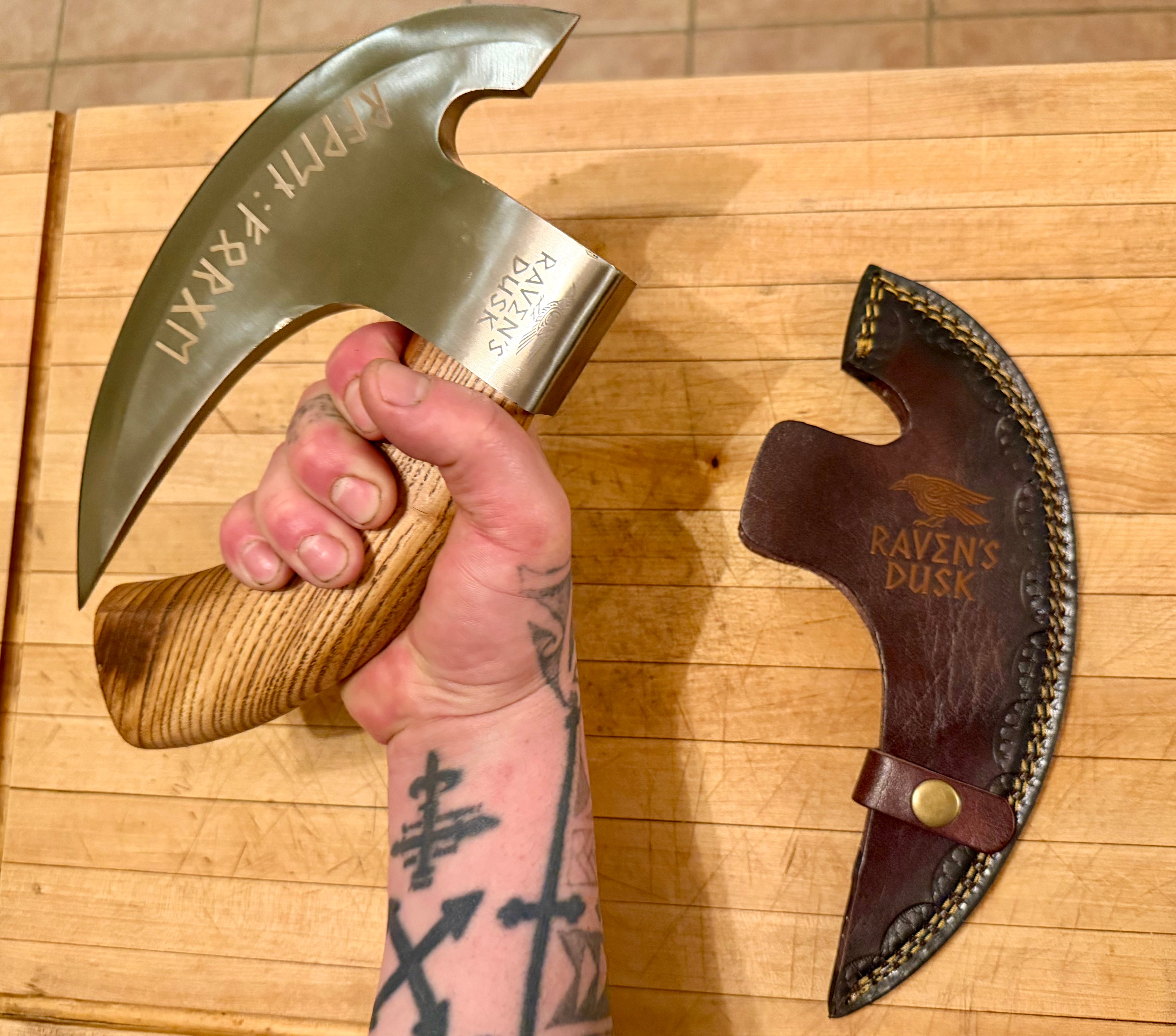 Handmade Viking Pizza Cutter Axe - Ulu Knife with Runes. Secondary image
