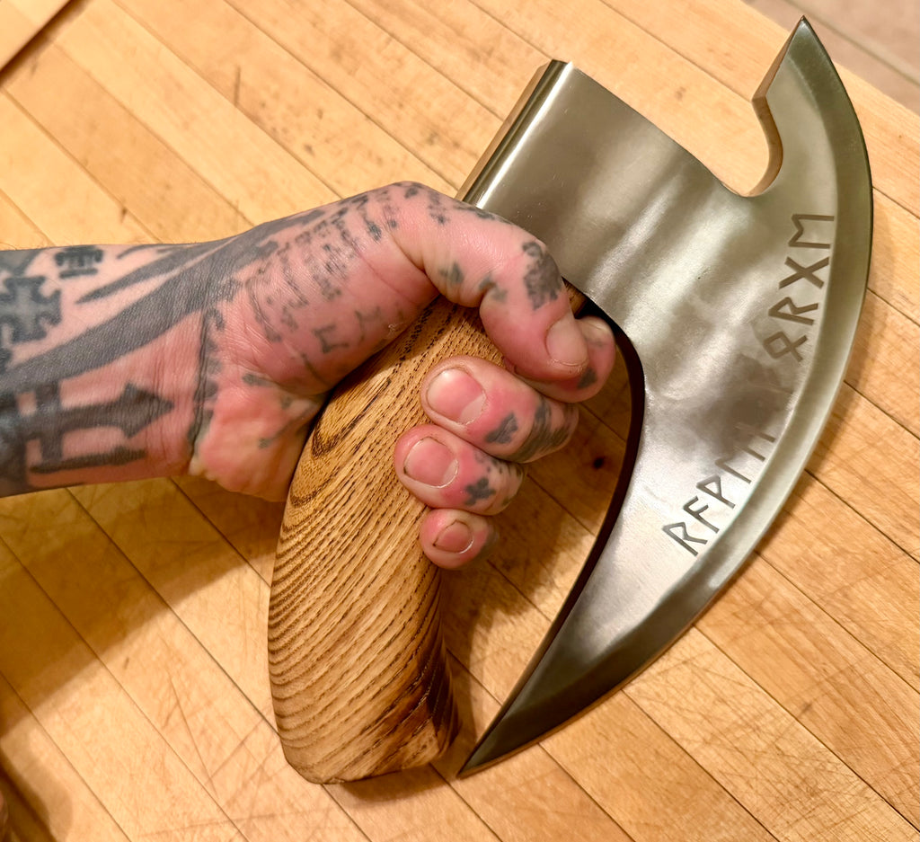Handmade Viking Pizza Cutter Axe - Ulu Knife with Runes.
