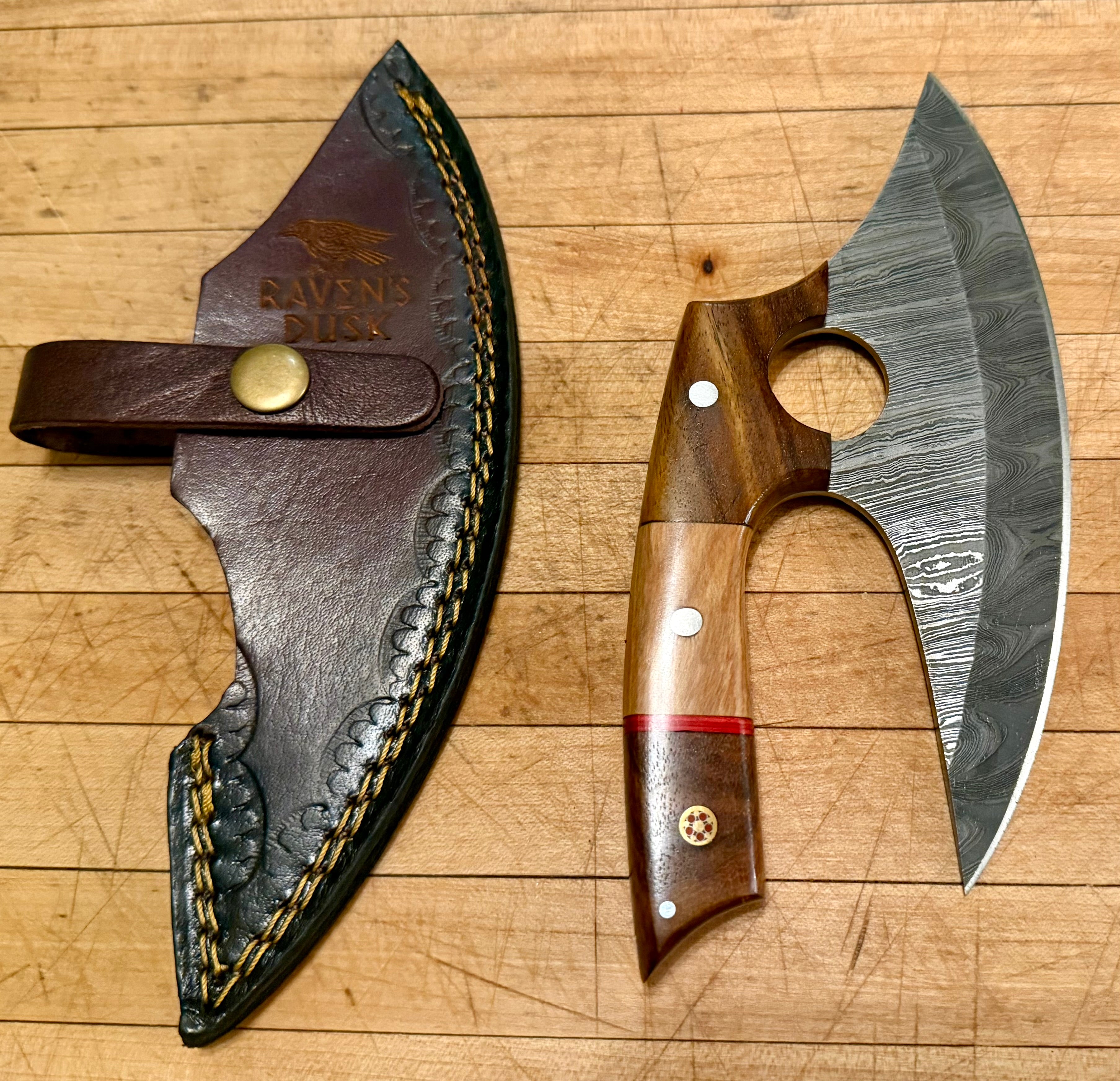 Handmade Damascus Pizza Cutter Axe - Ulu Knife Wood Handle. Main image