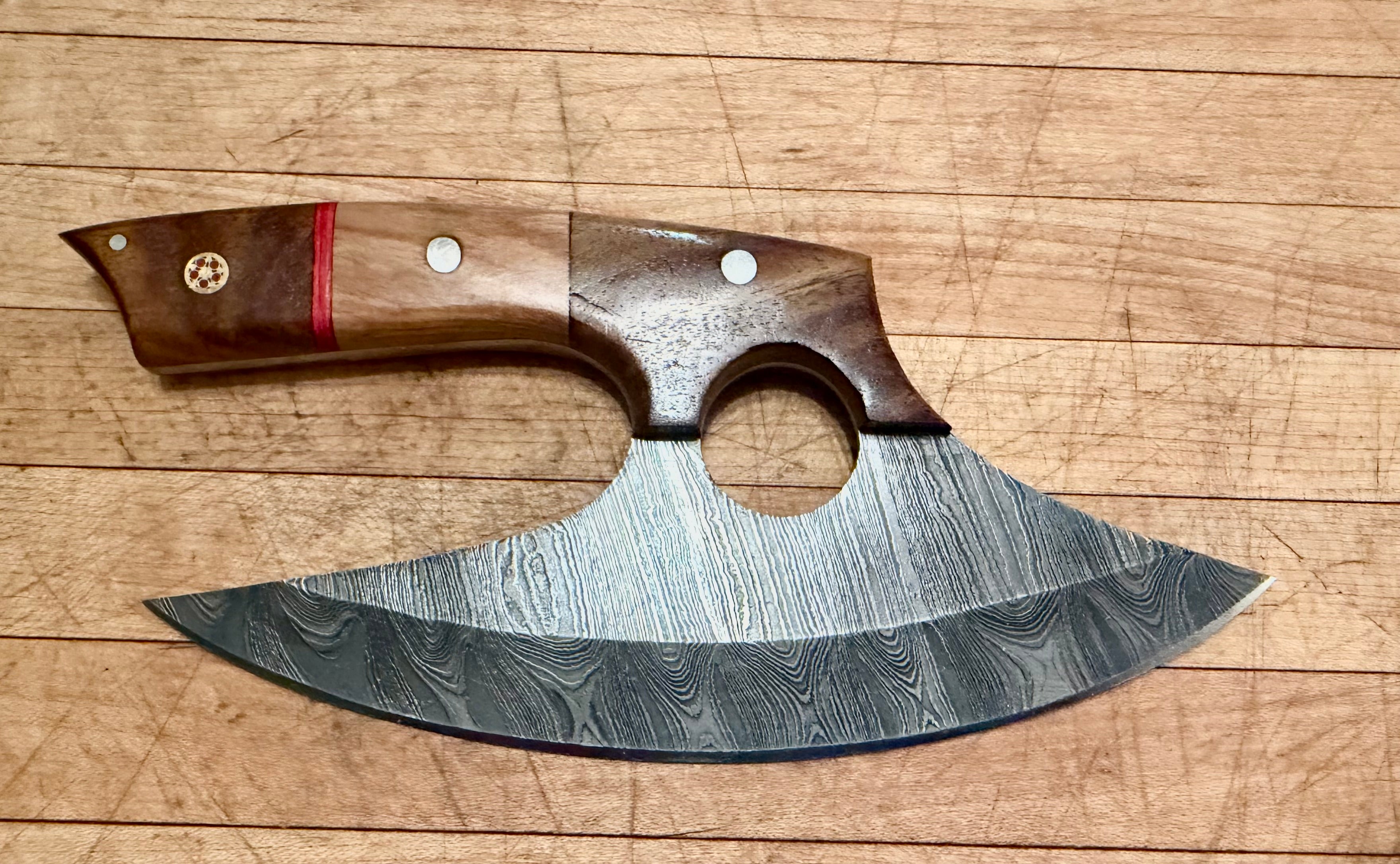 Handmade Damascus Pizza Cutter Axe - Ulu Knife Wood Handle. Secondary image