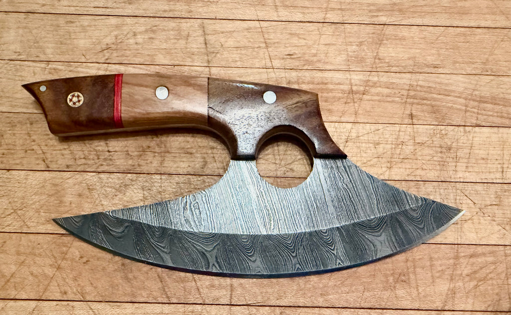 Handmade Damascus Pizza Cutter Axe - Ulu Knife Wood Handle.
