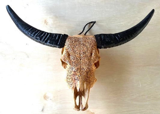 Hand-Carved Mandala Cow Skull - Wall Decoration