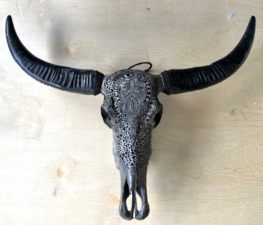 Hand-Carved Viking Buffalo Skull - Wall Decoration