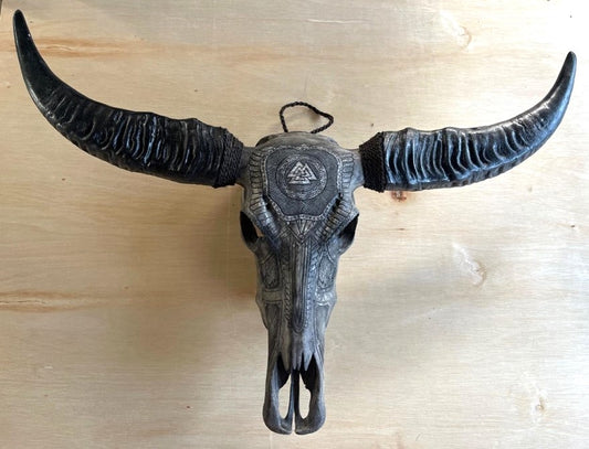 Hand-Carved Viking Valknut Buffalo Skull - Wall Decoration
