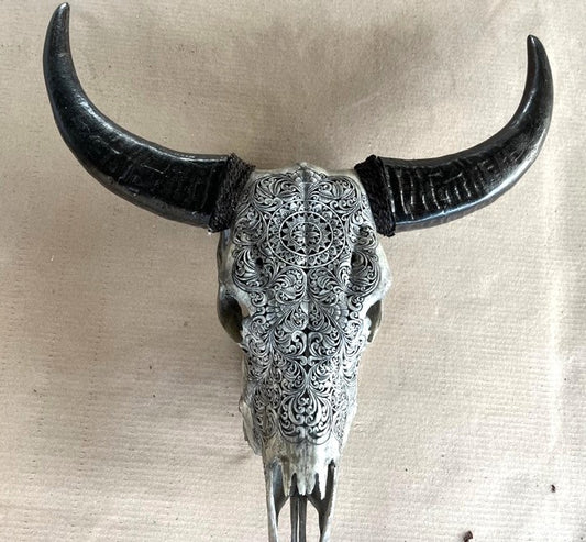 Hand-Carved Mandala Cow Skull - Wall Decoration