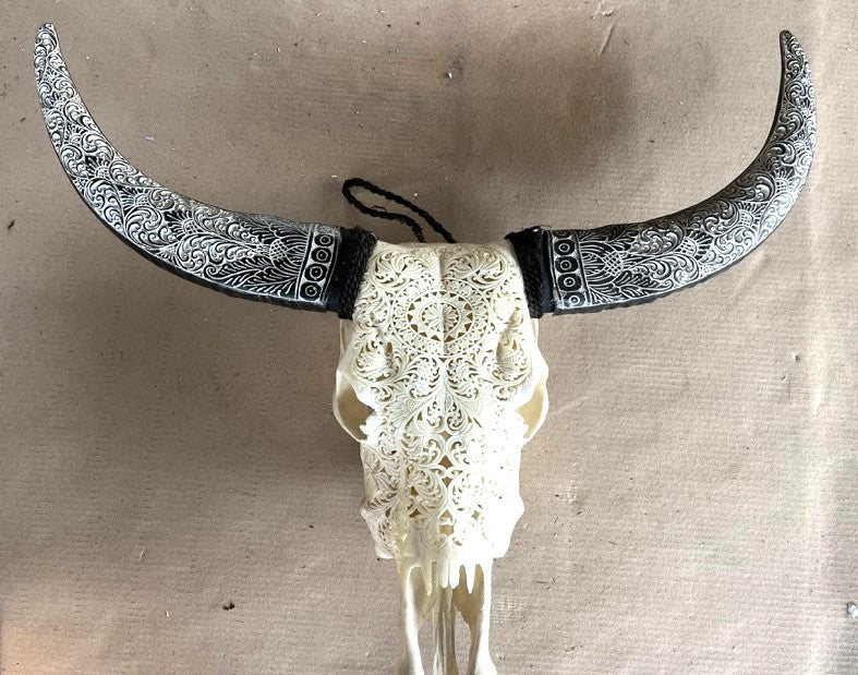 Hand-Carved Mandala Cow Skull - Wall Decoration