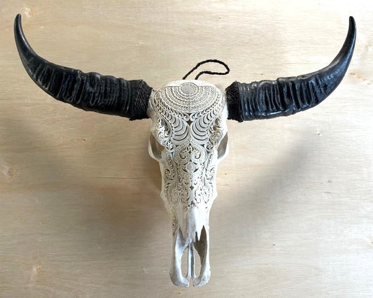 Hand-Carved Mandala Buffalo Skull - Wall Decoration