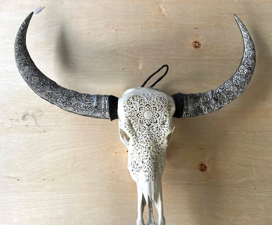 Hand-Carved Mandala Buffalo Skull - Wall Decoration