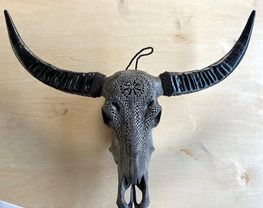 Hand-Carved Viking Vegvisir Buffalo Skull - Wall Decoration